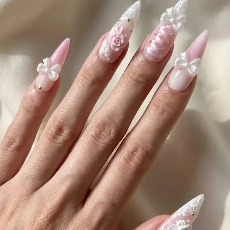 3D Rococo Cherub, Ribbon Bows, press on nails, custom press on nails, fake nails, Nails Art, stained glass nails, gold press on nails, 3d press on nails, luxury press on nails, handmade press on nails