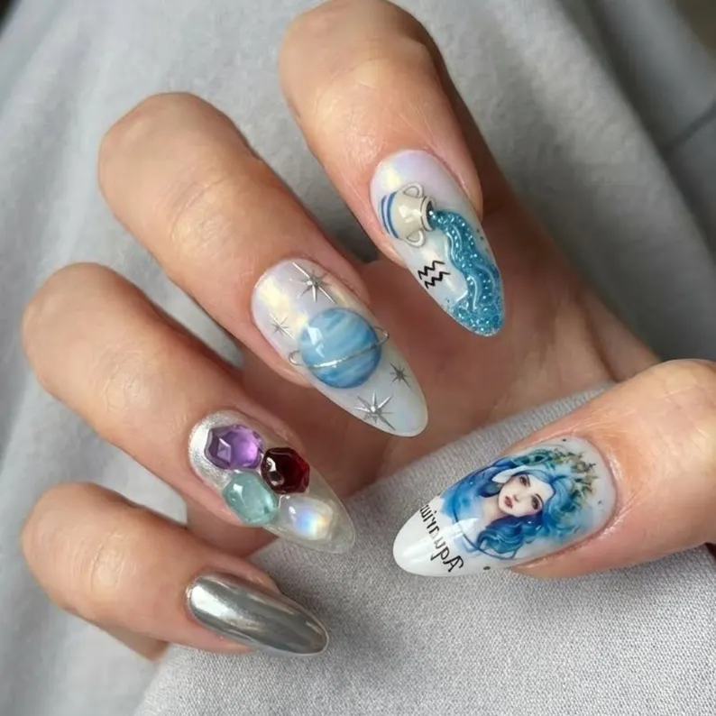 Aquarius Nail Design, 3D Zodiac Nails, press on nails, custom press on nails, fake nails, Nails Art, stained glass nails, gold press on nails, 3d press on nails, luxury press on nails, handmade press on nails