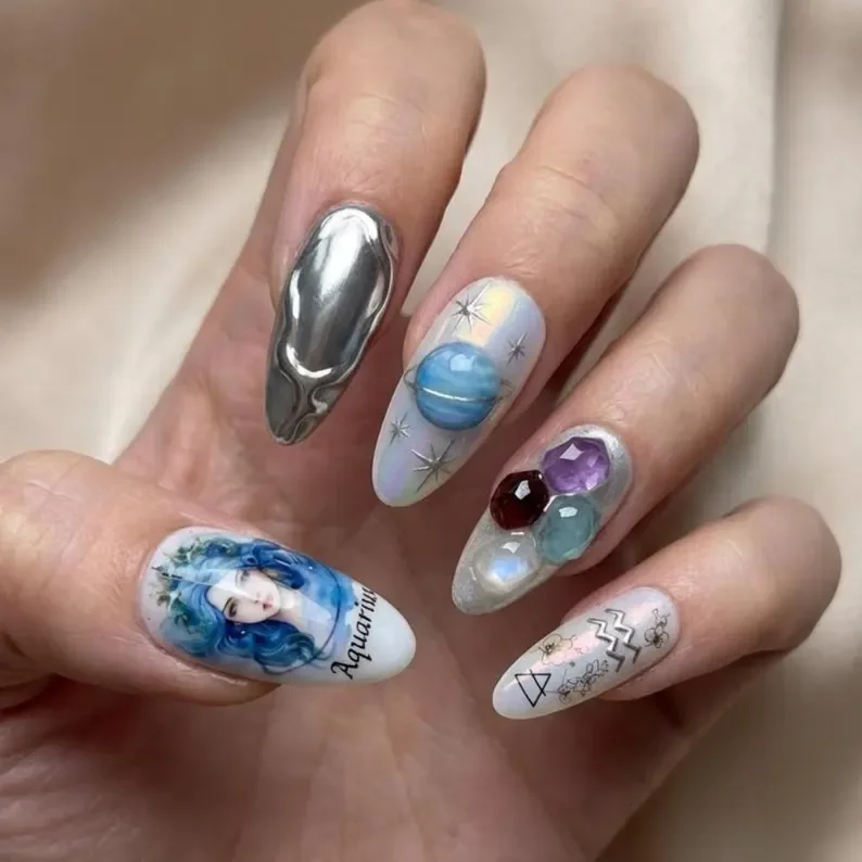 Silver Nail Art, Zodiac Press On, press on nails, custom press on nails, fake nails, Nails Art, stained glass nails, gold press on nails, 3d press on nails, luxury press on nails, handmade press on nails