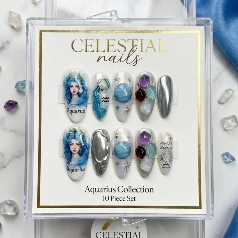 Aquarius Nail Design, 3D Zodiac Nails, press on nails, custom press on nails, fake nails, Nails Art, stained glass nails, gold press on nails, 3d press on nails, luxury press on nails, handmade press on nails