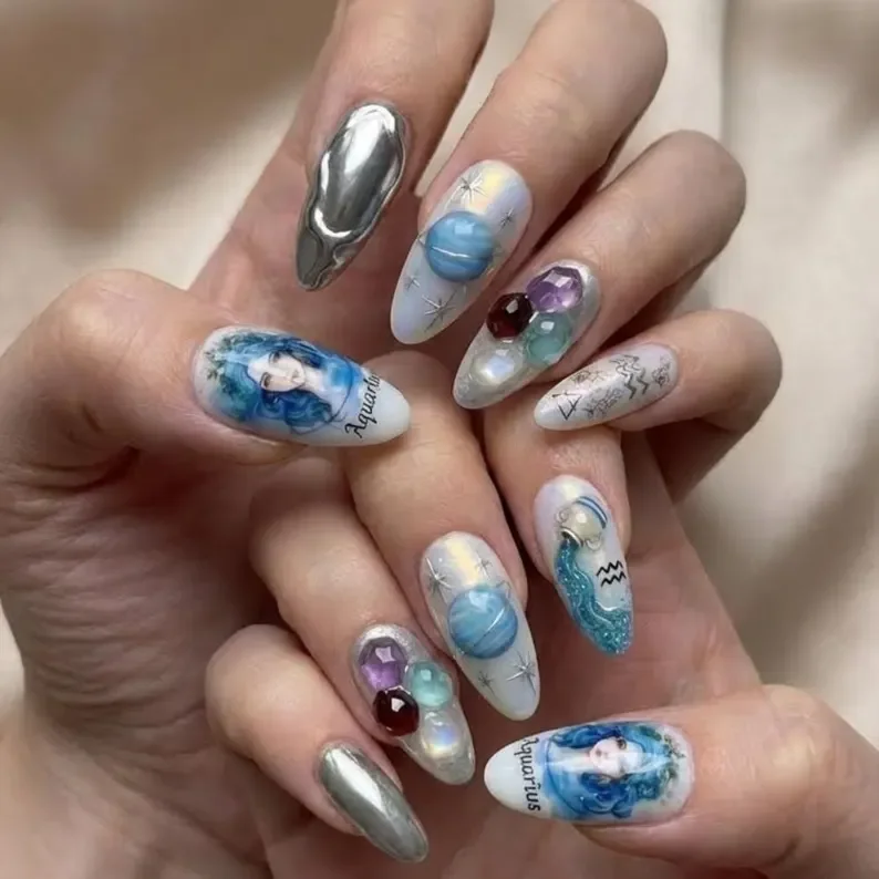 Aquarius 3D Zodiac, Celestial Goddess Nails, press on nails, custom press on nails, fake nails, Nails Art, stained glass nails, gold press on nails, 3d press on nails, luxury press on nails, handmade press on nails