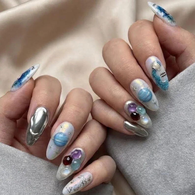 Press-On Nail Set, Gemstone Nail Art, press on nails, custom press on nails, fake nails, Nails Art, stained glass nails, gold press on nails, 3d press on nails, luxury press on nails, handmade press on nails