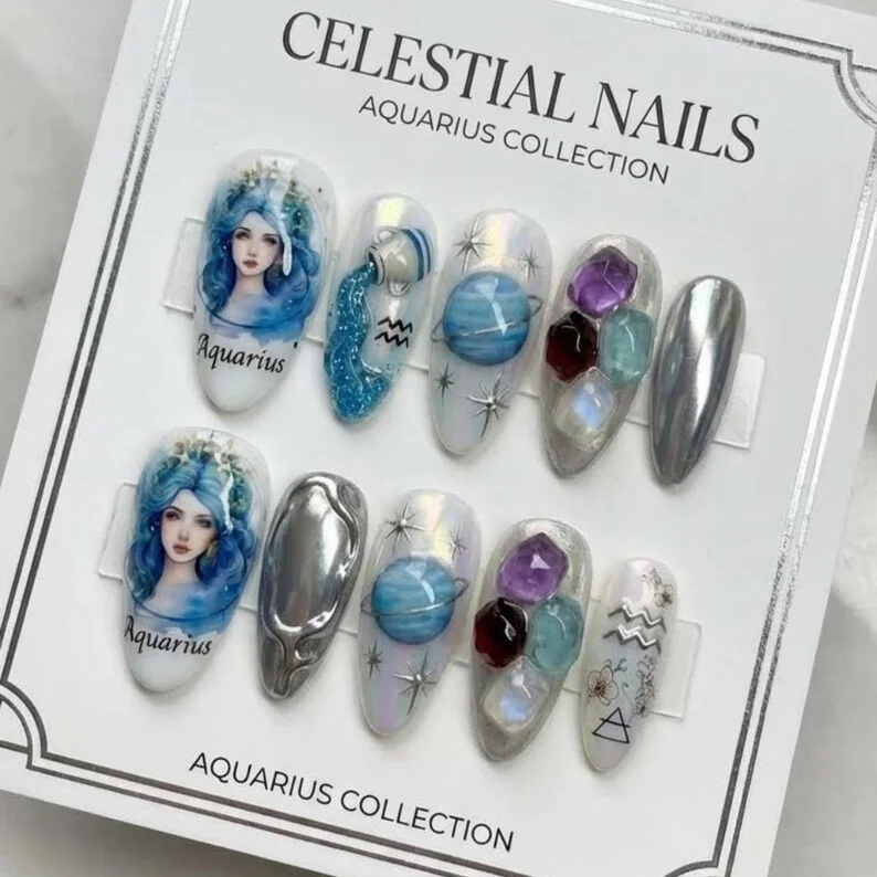 Silver Nail Art, Zodiac Press On, press on nails, custom press on nails, fake nails, Nails Art, stained glass nails, gold press on nails, 3d press on nails, luxury press on nails, handmade press on nails