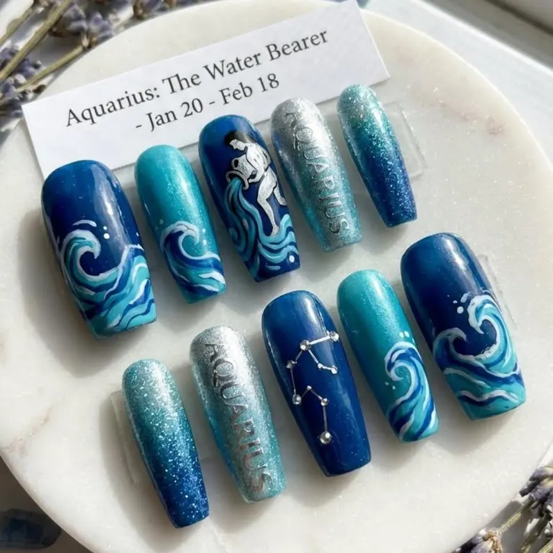 Ocean blue glitter, Zodiac nail art, press on nails, custom press on nails, fake nails, Nails Art, stained glass nails, gold press on nails, 3d press on nails, luxury press on nails, handmade press on nails