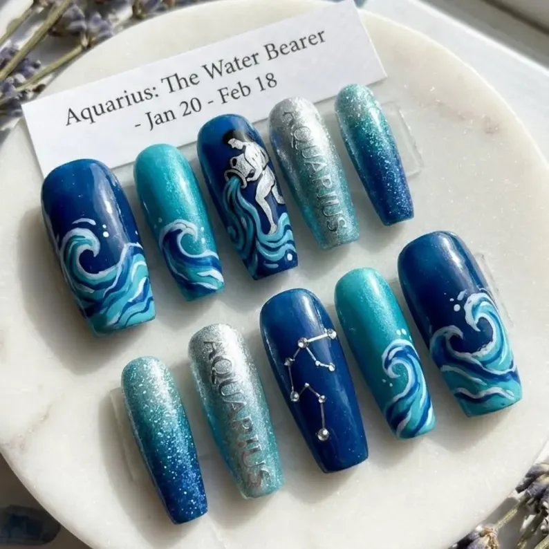 Aquarius press on nails, Hand-painted zodiac, press on nails, custom press on nails, fake nails, Nails Art, stained glass nails, gold press on nails, 3d press on nails, luxury press on nails, handmade press on nails