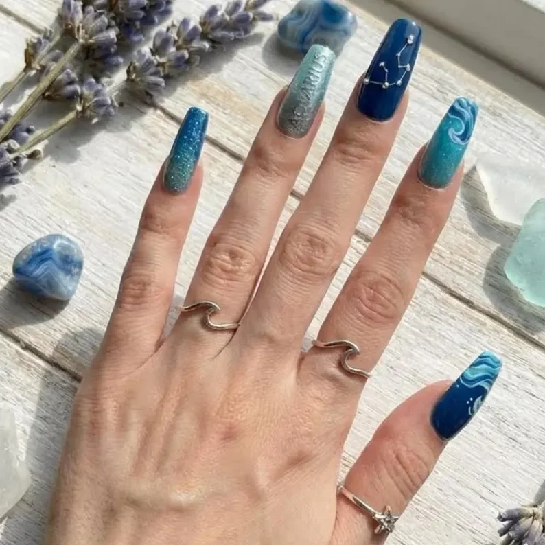 Ocean blue glitter, Zodiac nail art, press on nails, custom press on nails, fake nails, Nails Art, stained glass nails, gold press on nails, 3d press on nails, luxury press on nails, handmade press on nails