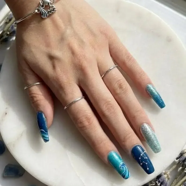 Glitter press on nails, Ocean blue nails, press on nails, custom press on nails, fake nails, Nails Art, stained glass nails, gold press on nails, 3d press on nails, luxury press on nails, handmade press on nails