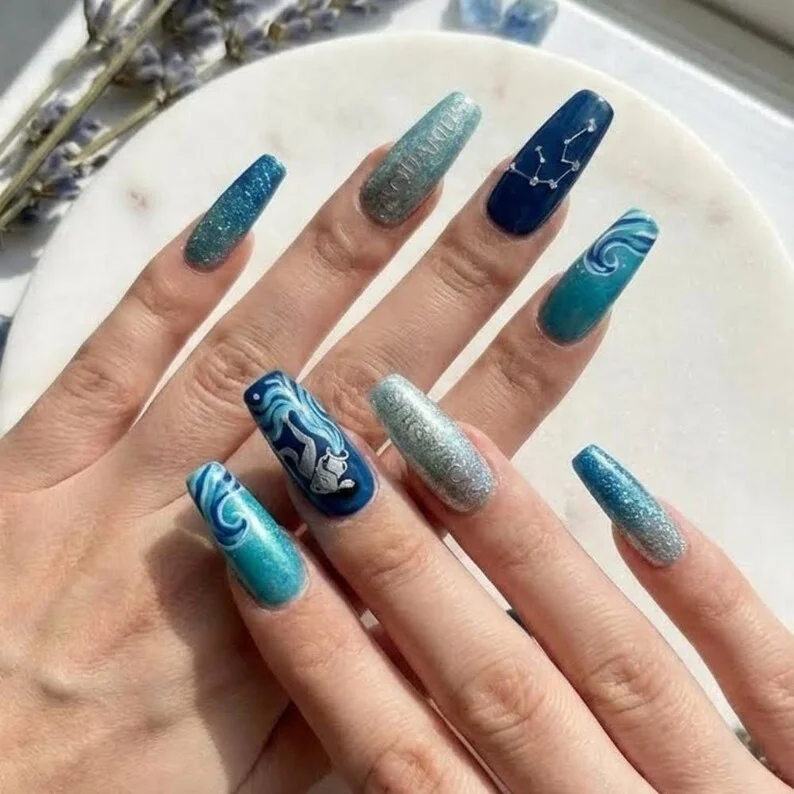 Aquarius nail set, Blue zodiac nails, press on nails, custom press on nails, fake nails, Nails Art, stained glass nails, gold press on nails, 3d press on nails, luxury press on nails, handmade press on nails