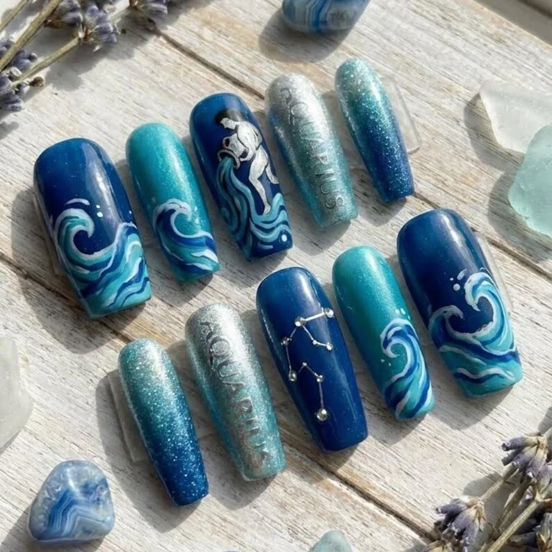 Aquarius press on nails, Hand-painted zodiac, press on nails, custom press on nails, fake nails, Nails Art, stained glass nails, gold press on nails, 3d press on nails, luxury press on nails, handmade press on nails