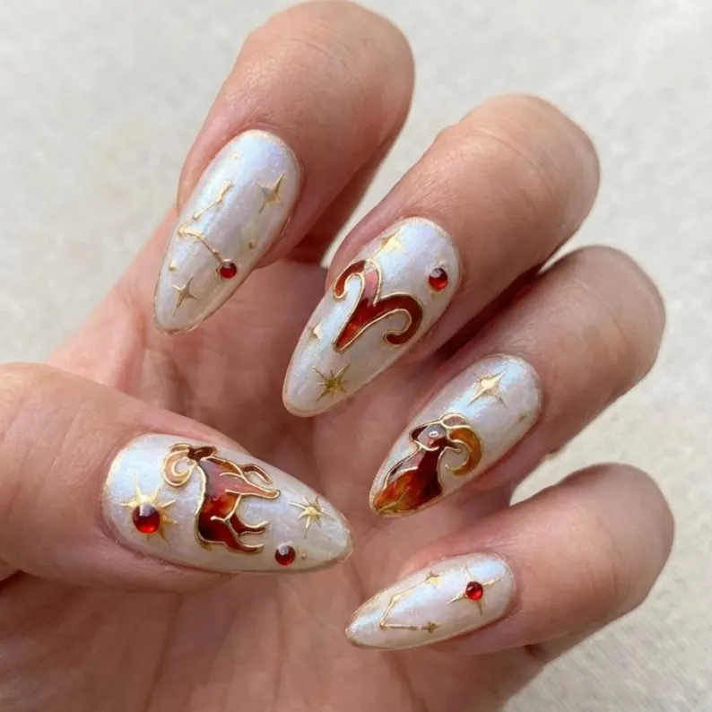 Aries press on nails, Zodiac nail art, press on nails, custom press on nails, fake nails, Nails Art, stained glass nails, gold press on nails, 3d press on nails, luxury press on nails, handmade press on nails