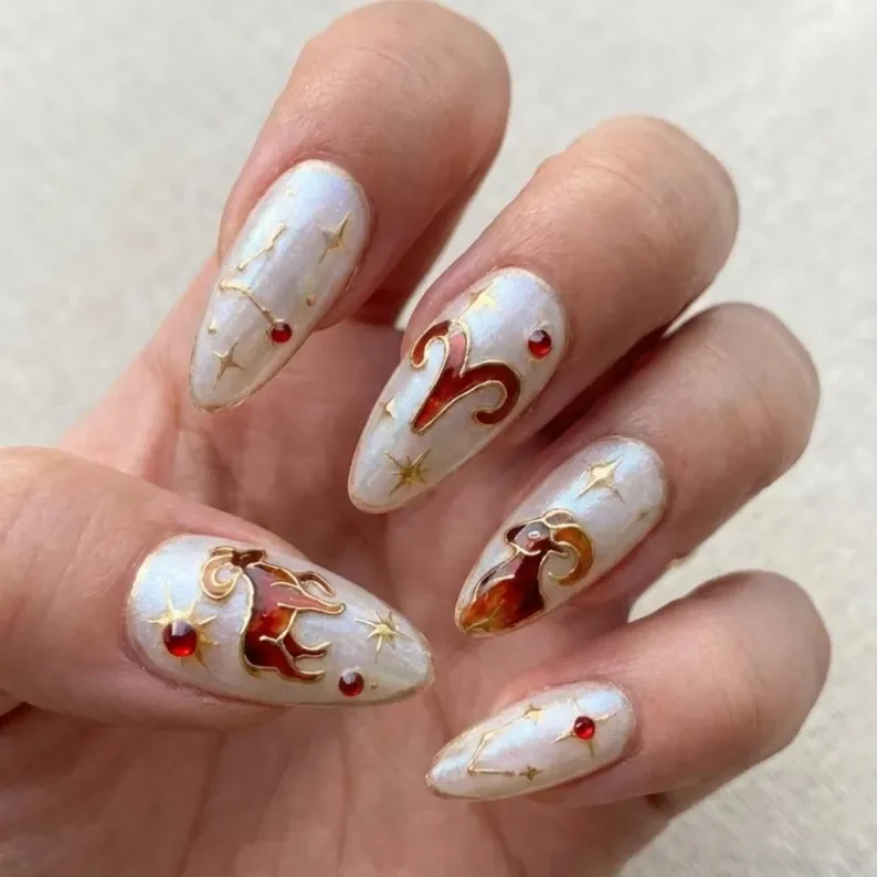 Aries press on nails, Zodiac nail art, press on nails, custom press on nails, fake nails, Nails Art, stained glass nails, gold press on nails, 3d press on nails, luxury press on nails, handmade press on nails