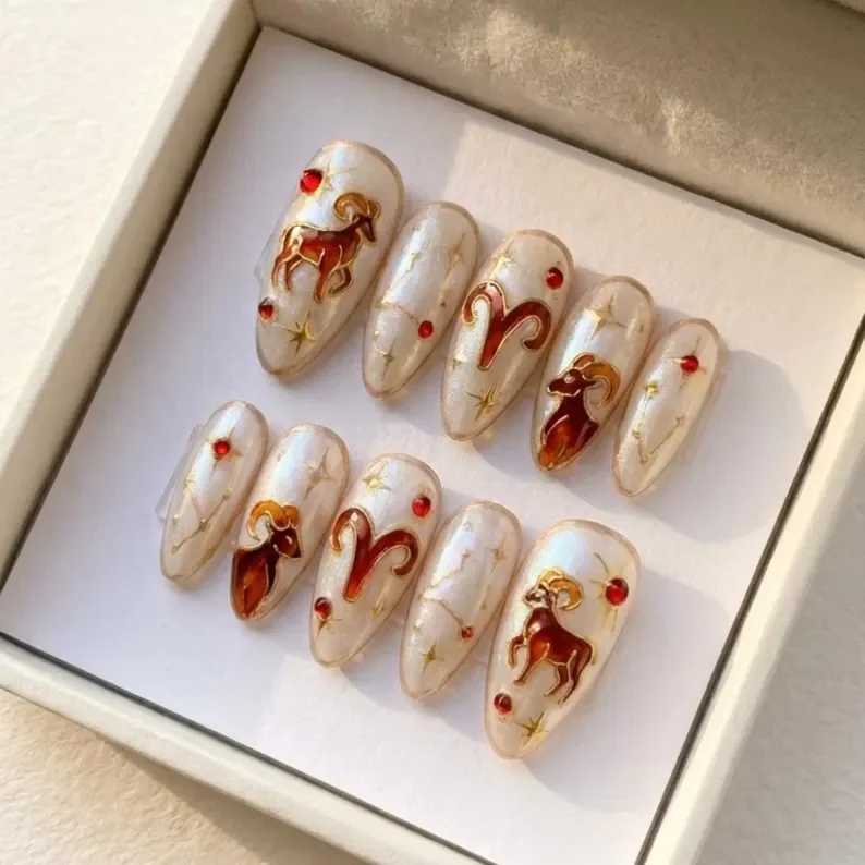 Pearl nail design, Astrology nails, press on nails, custom press on nails, fake nails, Nails Art, stained glass nails, gold press on nails, 3d press on nails, luxury press on nails, handmade press on nails
