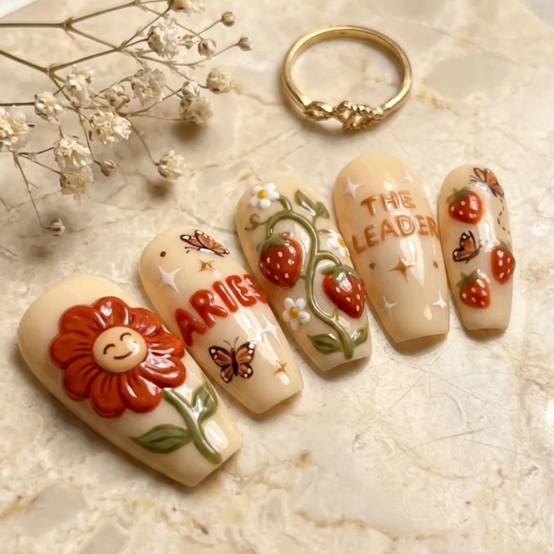 3D strawberry nails, Flower birthday gift, press on nails, custom press on nails, fake nails, Nails Art, stained glass nails, gold press on nails, 3d press on nails, luxury press on nails, handmade press on nails