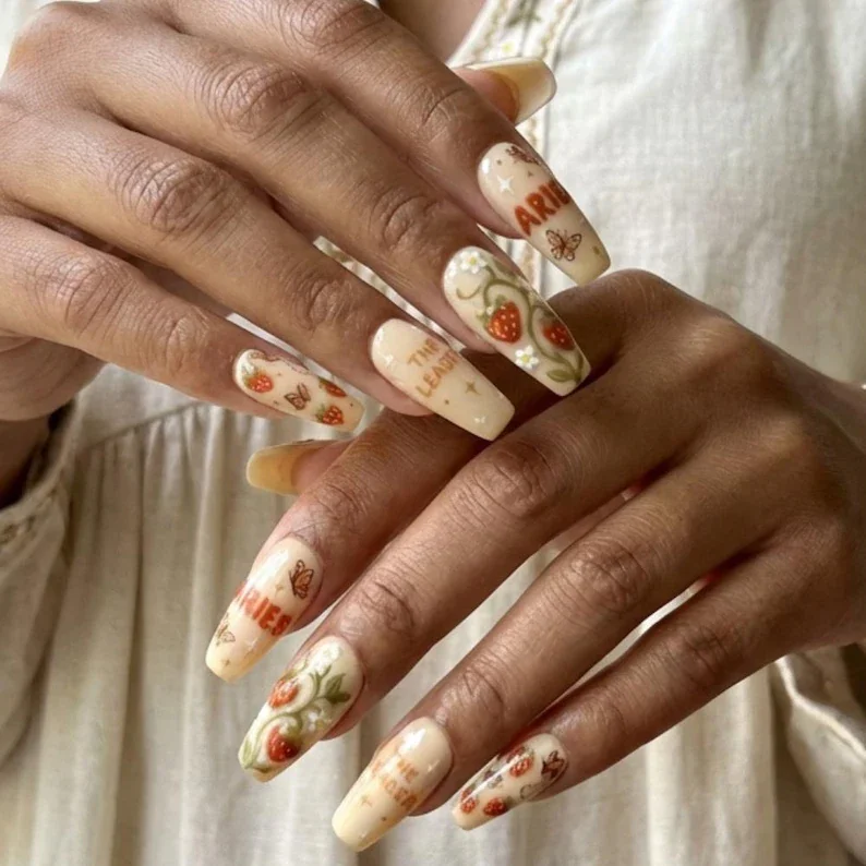 3D strawberry nails, Flower birthday gift, press on nails, custom press on nails, fake nails, Nails Art, stained glass nails, gold press on nails, 3d press on nails, luxury press on nails, handmade press on nails