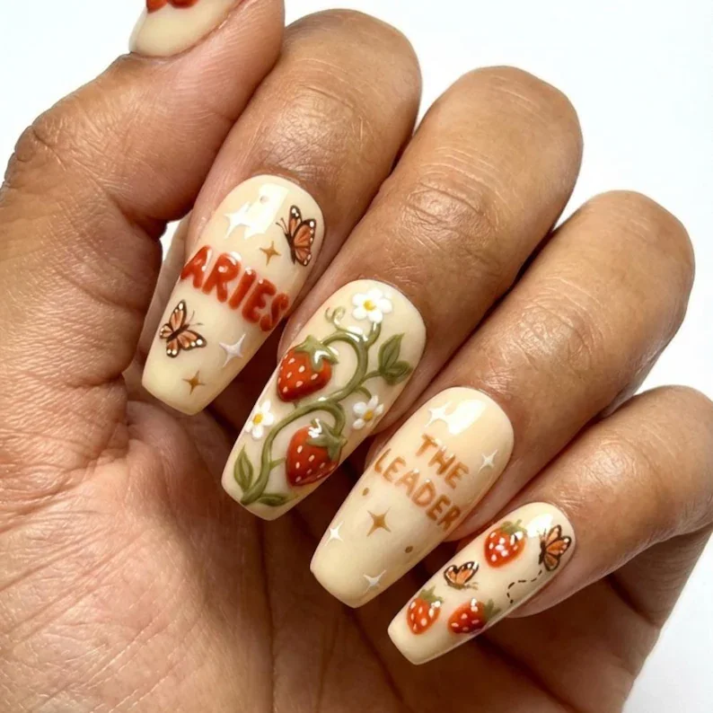 3D floral nails, Strawberry nail art, press on nails, custom press on nails, fake nails, Nails Art, stained glass nails, gold press on nails, 3d press on nails, luxury press on nails, handmade press on nails