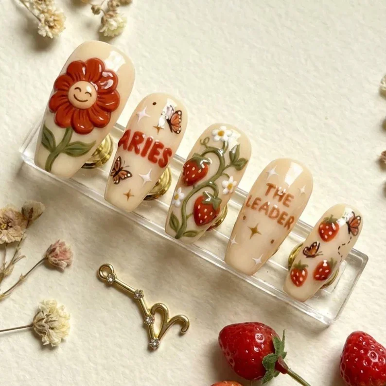Aries zodiac nails, Zodiac press on, press on nails, custom press on nails, fake nails, Nails Art, stained glass nails, gold press on nails, 3d press on nails, luxury press on nails, handmade press on nails