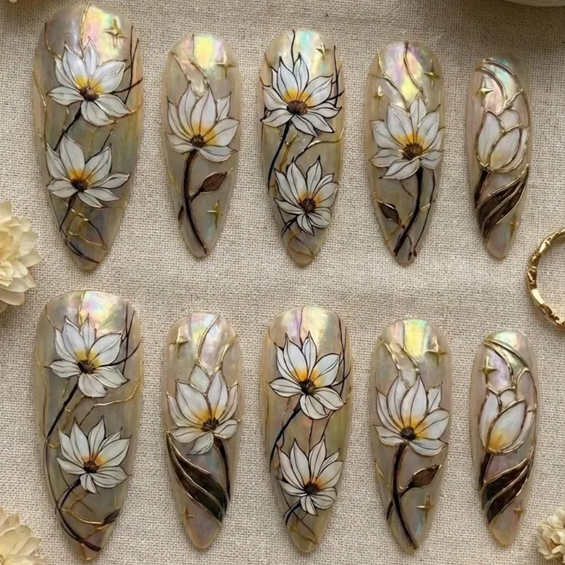 art nouveau nails, lotus stained glass, press on nails, custom press on nails, fake nails, Nails Art, stained glass nails, gold press on nails, 3d press on nails, luxury press on nails, handmade press on nails