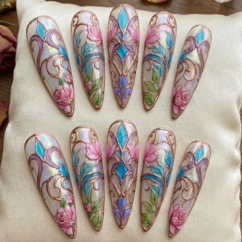 ethereal art nails, copper filigree, press on nails, custom press on nails, fake nails, Nails Art, stained glass nails, gold press on nails, 3d press on nails, luxury press on nails, handmade press on nails