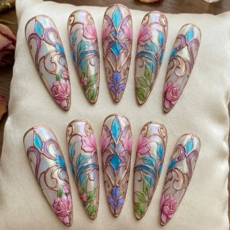 art nouveau nails, rose stained glass, press on nails, custom press on nails, fake nails, Nails Art, stained glass nails, gold press on nails, 3d press on nails, luxury press on nails, handmade press on nails