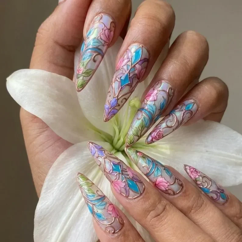 ethereal art nails, copper filigree, press on nails, custom press on nails, fake nails, Nails Art, stained glass nails, gold press on nails, 3d press on nails, luxury press on nails, handmade press on nails