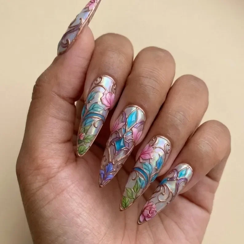 art nouveau nails, rose stained glass, press on nails, custom press on nails, fake nails, Nails Art, stained glass nails, gold press on nails, 3d press on nails, luxury press on nails, handmade press on nails