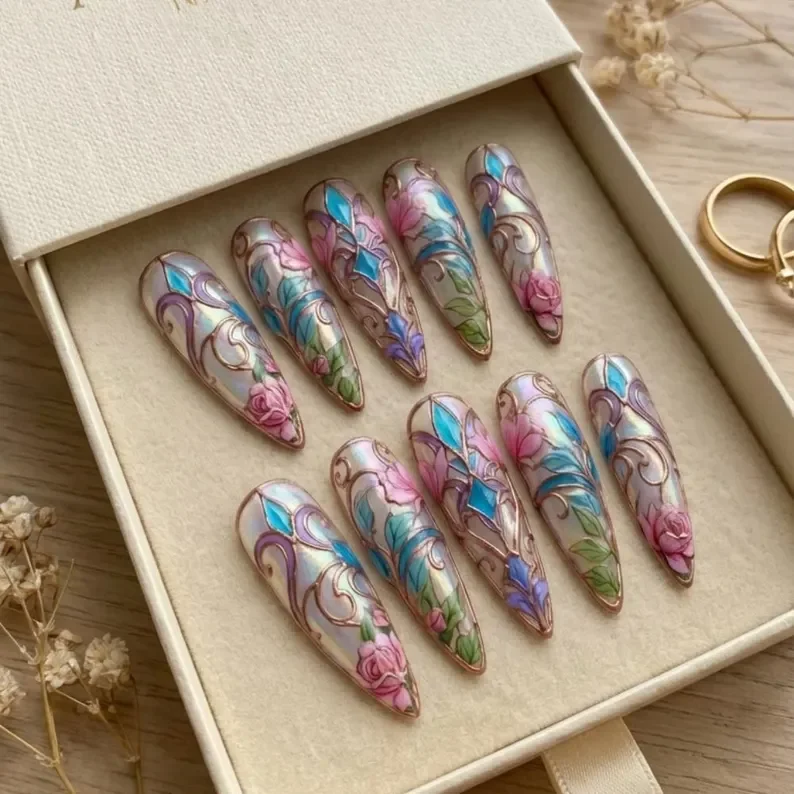 filigree press on, 3D copper nails, press on nails, custom press on nails, fake nails, Nails Art, stained glass nails, gold press on nails, 3d press on nails, luxury press on nails, handmade press on nails