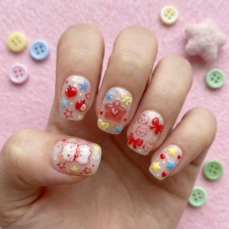 kawaii 3D press on nails, artisan cats stars, press on nails, custom press on nails, fake nails, Nails Art, stained glass nails, gold press on nails, 3d press on nails, luxury press on nails, handmade press on nails