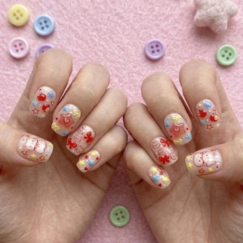 apple picnic set, press on nail set, press on nails, custom press on nails, fake nails, Nails Art, stained glass nails, gold press on nails, 3d press on nails, luxury press on nails, handmade press on nails