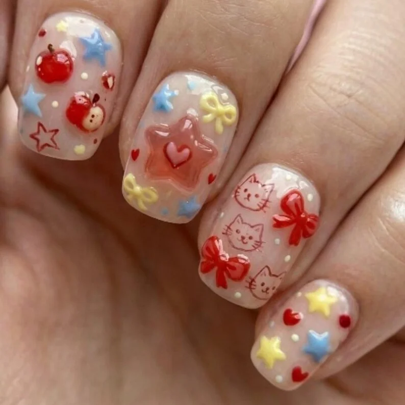 kawaii nail art, 3D press on nails, press on nails, custom press on nails, fake nails, Nails Art, stained glass nails, gold press on nails, 3d press on nails, luxury press on nails, handmade press on nails