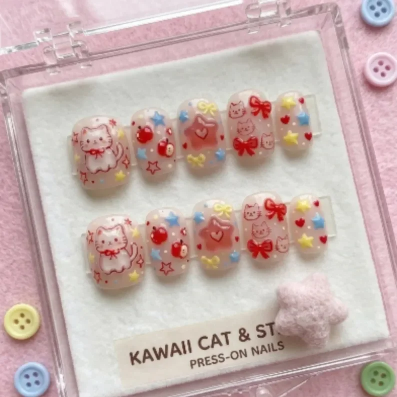 kawaii 3D press on nails, artisan cats stars, press on nails, custom press on nails, fake nails, Nails Art, stained glass nails, gold press on nails, 3d press on nails, luxury press on nails, handmade press on nails
