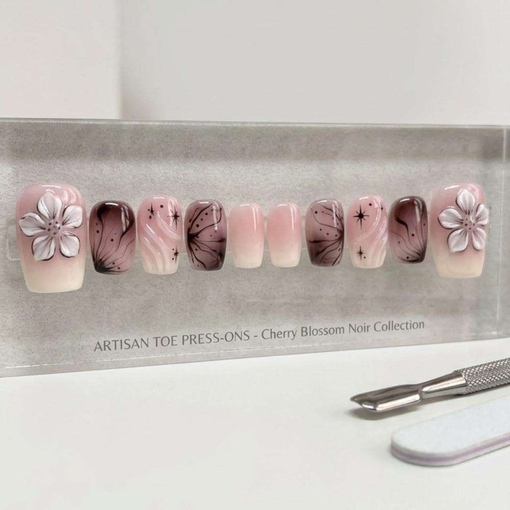 artisan cherry blossom, noir toe press-ons, press on nails, custom press on nails, fake nails, Nails Art, stained glass nails, gold press on nails, 3d press on nails, luxury press on nails, handmade press on nails