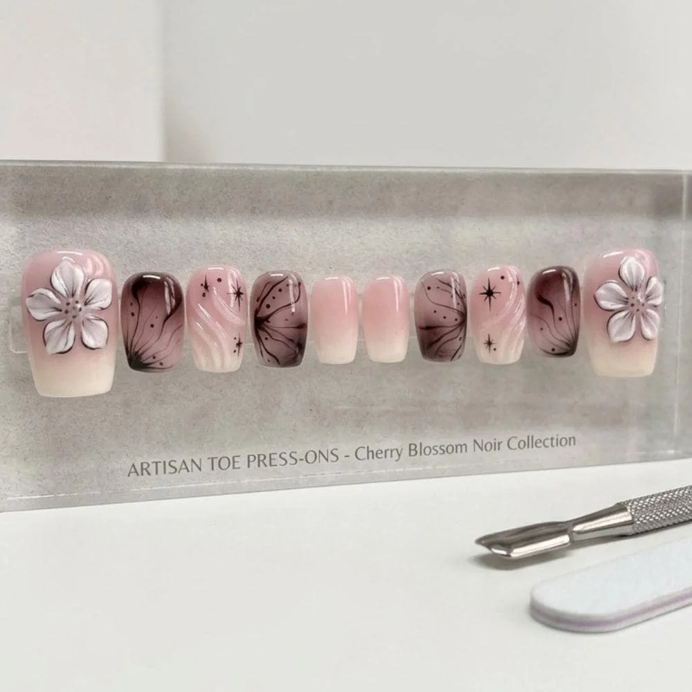 artisan cherry blossom, noir toe press-ons, press on nails, custom press on nails, fake nails, Nails Art, stained glass nails, gold press on nails, 3d press on nails, luxury press on nails, handmade press on nails