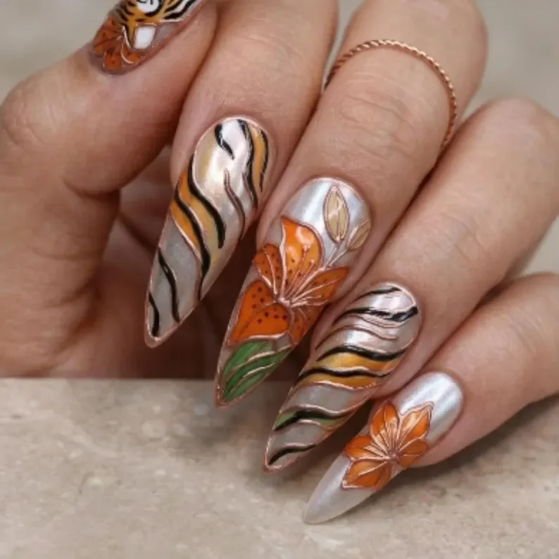 3D stained glass, tiger lily nail art, press on nails, custom press on nails, fake nails, Nails Art, stained glass nails, gold press on nails, 3d press on nails, luxury press on nails, handmade press on nails