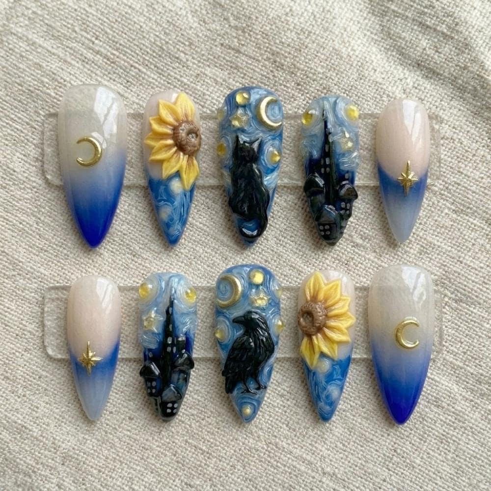 Van Gogh artwork, decorative nails, press on nails, custom press on nails, fake nails, Nails Art, stained glass nails, gold press on nails, 3d press on nails, luxury press on nails, handmade press on nails