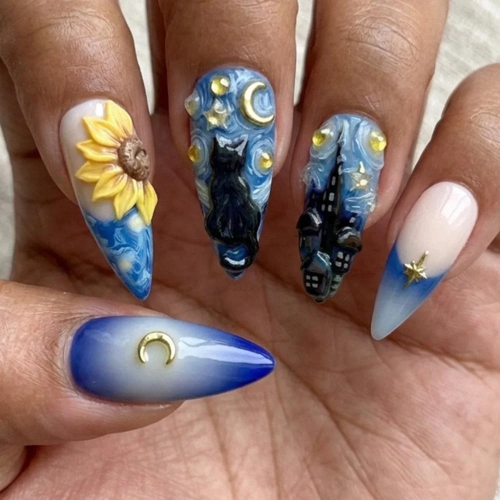 Van Gogh nails, Starry Night, press on nails, custom press on nails, fake nails, Nails Art, stained glass nails, gold press on nails, 3d press on nails, luxury press on nails, handmade press on nails