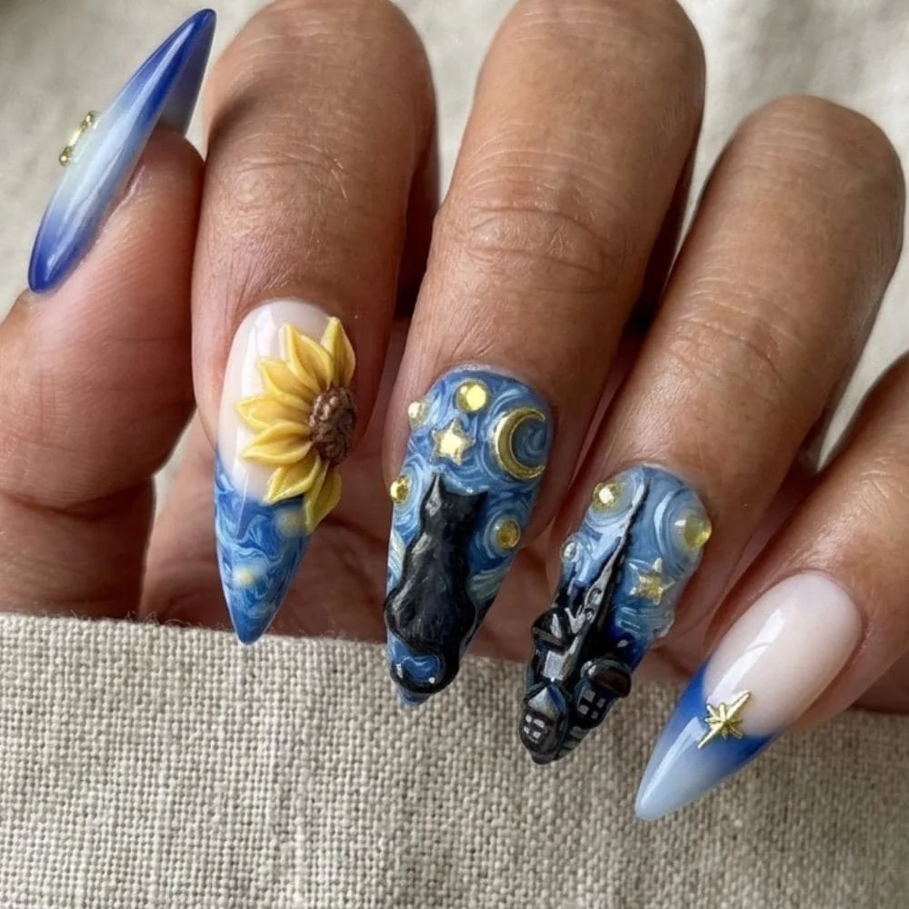 sunflower nails, raven designs, press on nails, custom press on nails, fake nails, Nails Art, stained glass nails, gold press on nails, 3d press on nails, luxury press on nails, handmade press on nails