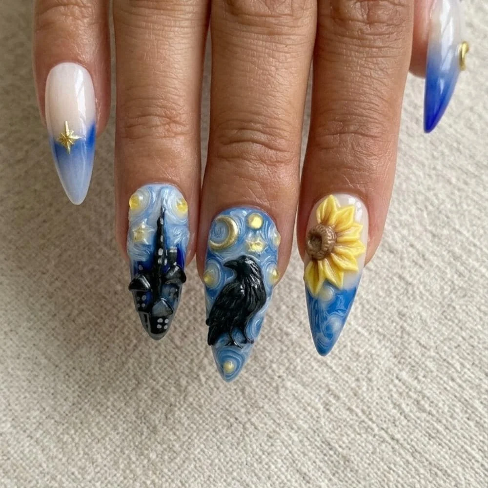 Van Gogh artwork, decorative nails, press on nails, custom press on nails, fake nails, Nails Art, stained glass nails, gold press on nails, 3d press on nails, luxury press on nails, handmade press on nails