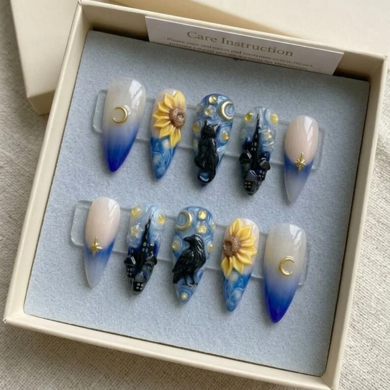 Van Gogh nails, Starry Night, press on nails, custom press on nails, fake nails, Nails Art, stained glass nails, gold press on nails, 3d press on nails, luxury press on nails, handmade press on nails