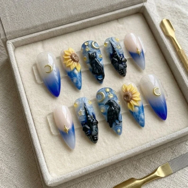 sunflower nails, raven designs, press on nails, custom press on nails, fake nails, Nails Art, stained glass nails, gold press on nails, 3d press on nails, luxury press on nails, handmade press on nails