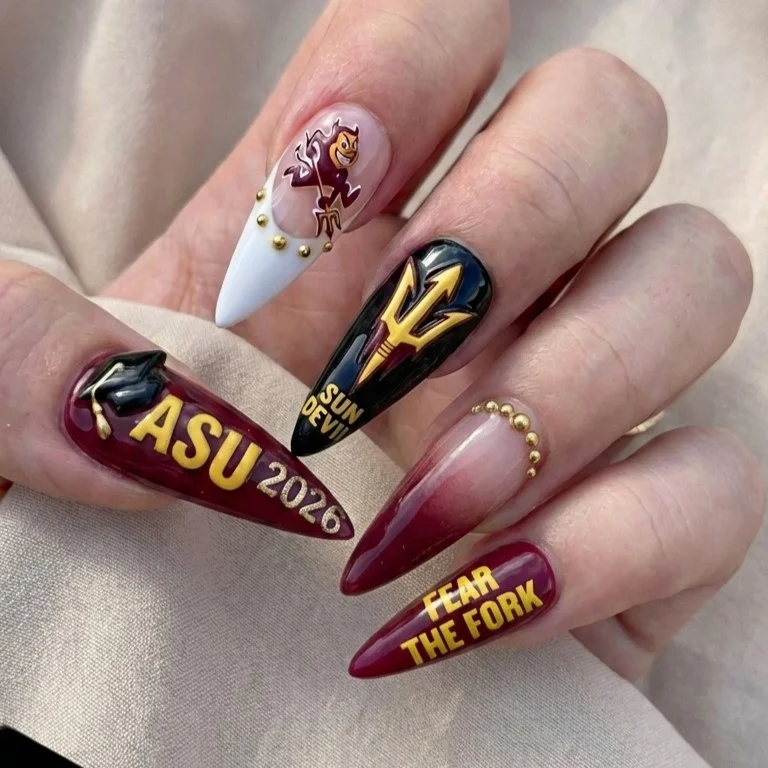 ASU Sun Devils, Fear The Fork, press on nails, custom press on nails, fake nails, Nails Art, stained glass nails, gold press on nails, 3d press on nails, luxury press on nails, handmade press on nails