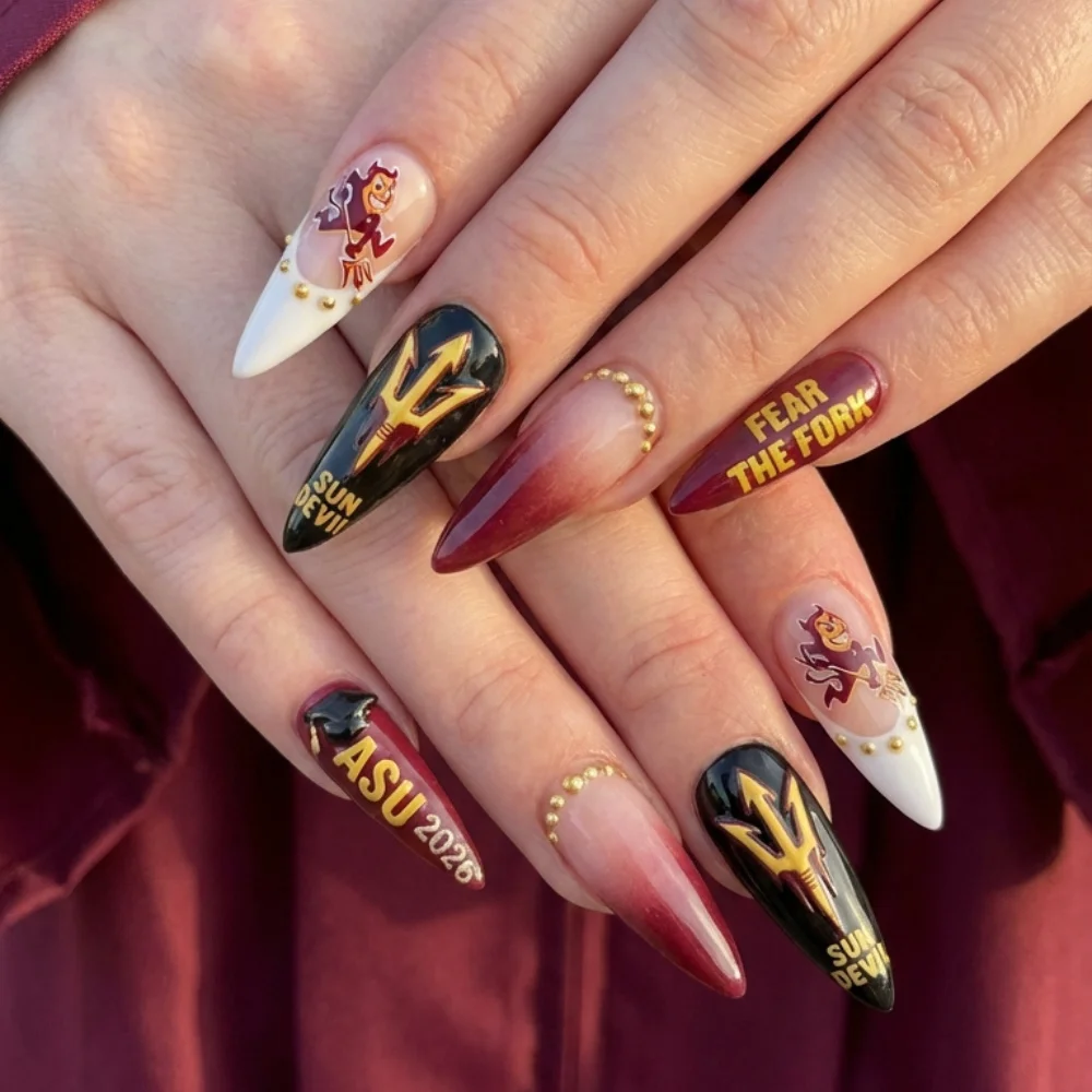 ASU Graduation, Sun Devils Nails, press on nails, custom press on nails, fake nails, Nails Art, stained glass nails, gold press on nails, 3d press on nails, luxury press on nails, handmade press on nails
