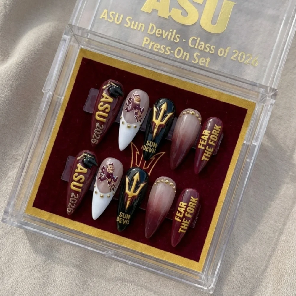 ASU Sun Devils, Fear The Fork, press on nails, custom press on nails, fake nails, Nails Art, stained glass nails, gold press on nails, 3d press on nails, luxury press on nails, handmade press on nails