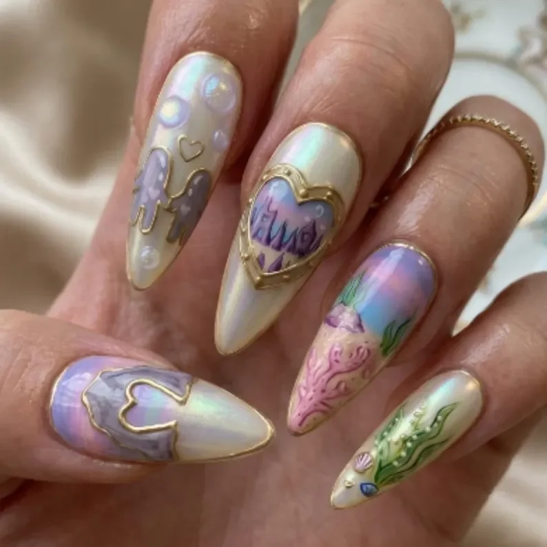iridescent mermaid, underwater castle, press on nails, custom press on nails, fake nails, Nails Art, stained glass nails, gold press on nails, 3d press on nails, luxury press on nails, handmade press on nails