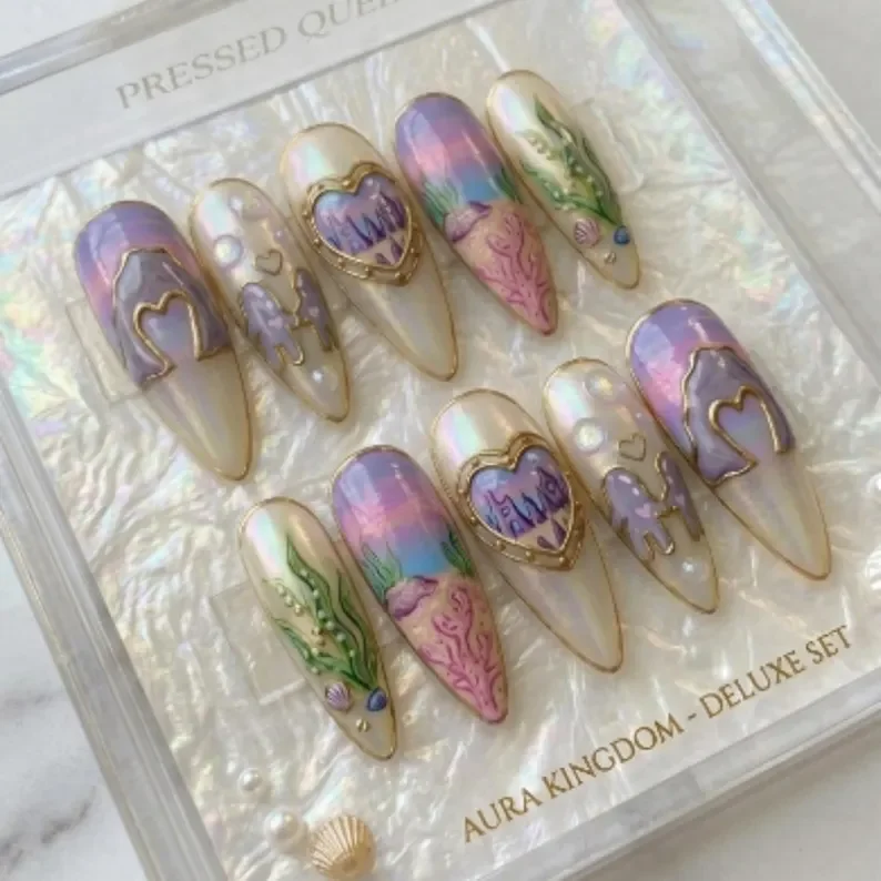 press on nails, mermaid nails, custom press on nails, fake nails, Nails Art, stained glass nails, gold press on nails, 3d press on nails, luxury press on nails, handmade press on nails