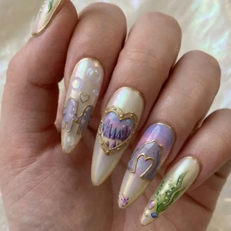 iridescent nails, castle art, press on nails, custom press on nails, fake nails, Nails Art, stained glass nails, gold press on nails, 3d press on nails, luxury press on nails, handmade press on nails