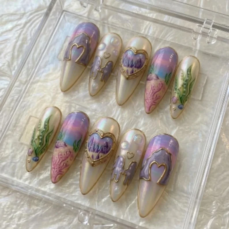 underwater art, aura kingdom, press on nails, custom press on nails, fake nails, Nails Art, stained glass nails, gold press on nails, 3d press on nails, luxury press on nails, handmade press on nails