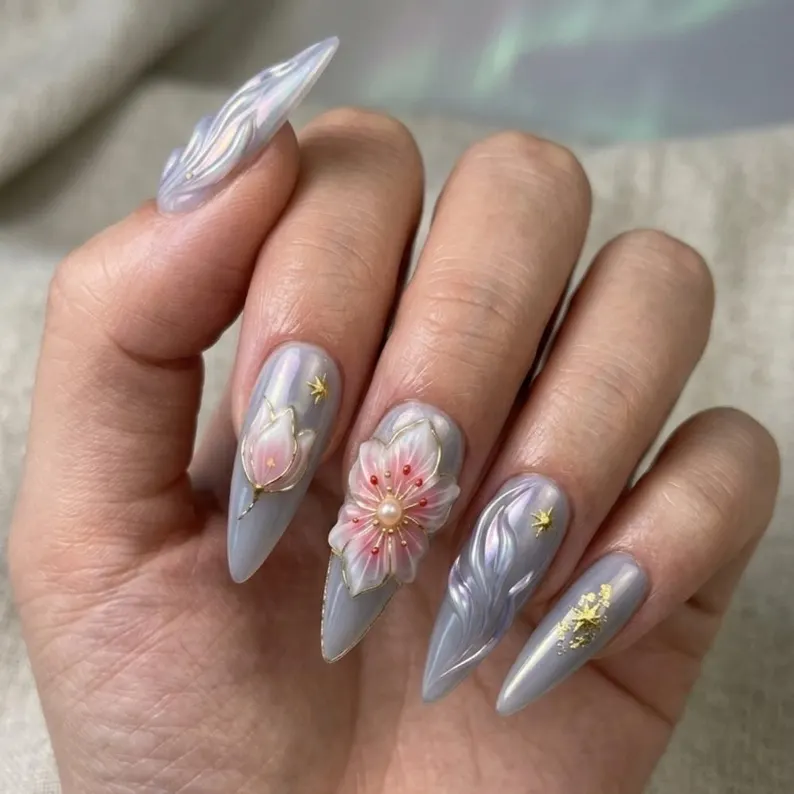 3D floral, stiletto nails, press on nails, custom press on nails, fake nails, Nails Art, stained glass nails, gold press on nails, 3d press on nails, luxury press on nails, handmade press on nails
