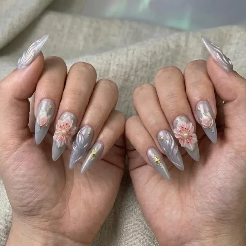 press on nails, aurora blossom, custom press on nails, fake nails, Nails Art, stained glass nails, gold press on nails, 3d press on nails, luxury press on nails, handmade press on nails