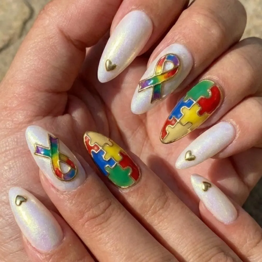 autism awareness, press on nails, custom press on nails, fake nails, Nails Art, stained glass nails, gold press on nails, 3d press on nails, luxury press on nails, handmade press on nails