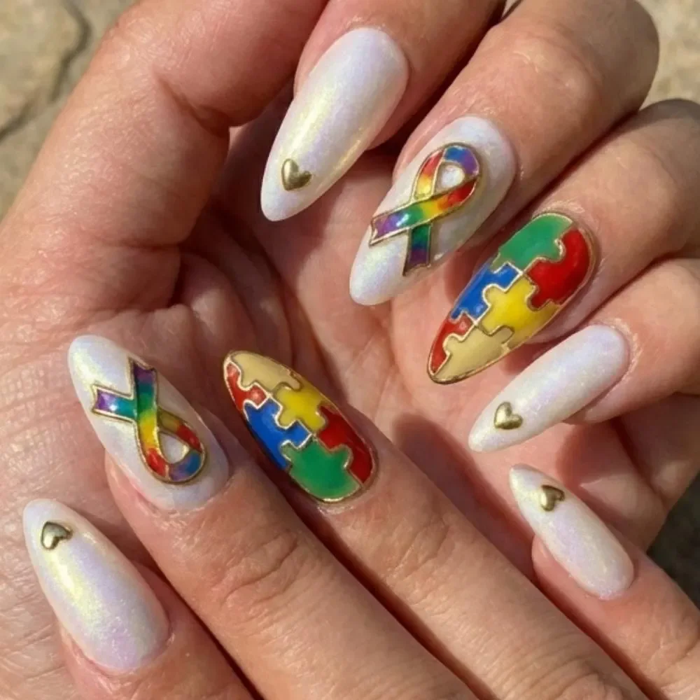 autism awareness, press on nails, custom press on nails, fake nails, Nails Art, stained glass nails, gold press on nails, 3d press on nails, luxury press on nails, handmade press on nails